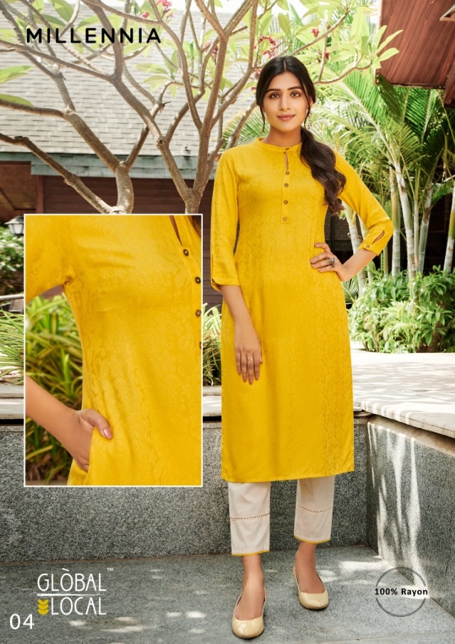 Global Local Millennia Rayon Jacquard Vibrant Kurtis With Slant Pocket