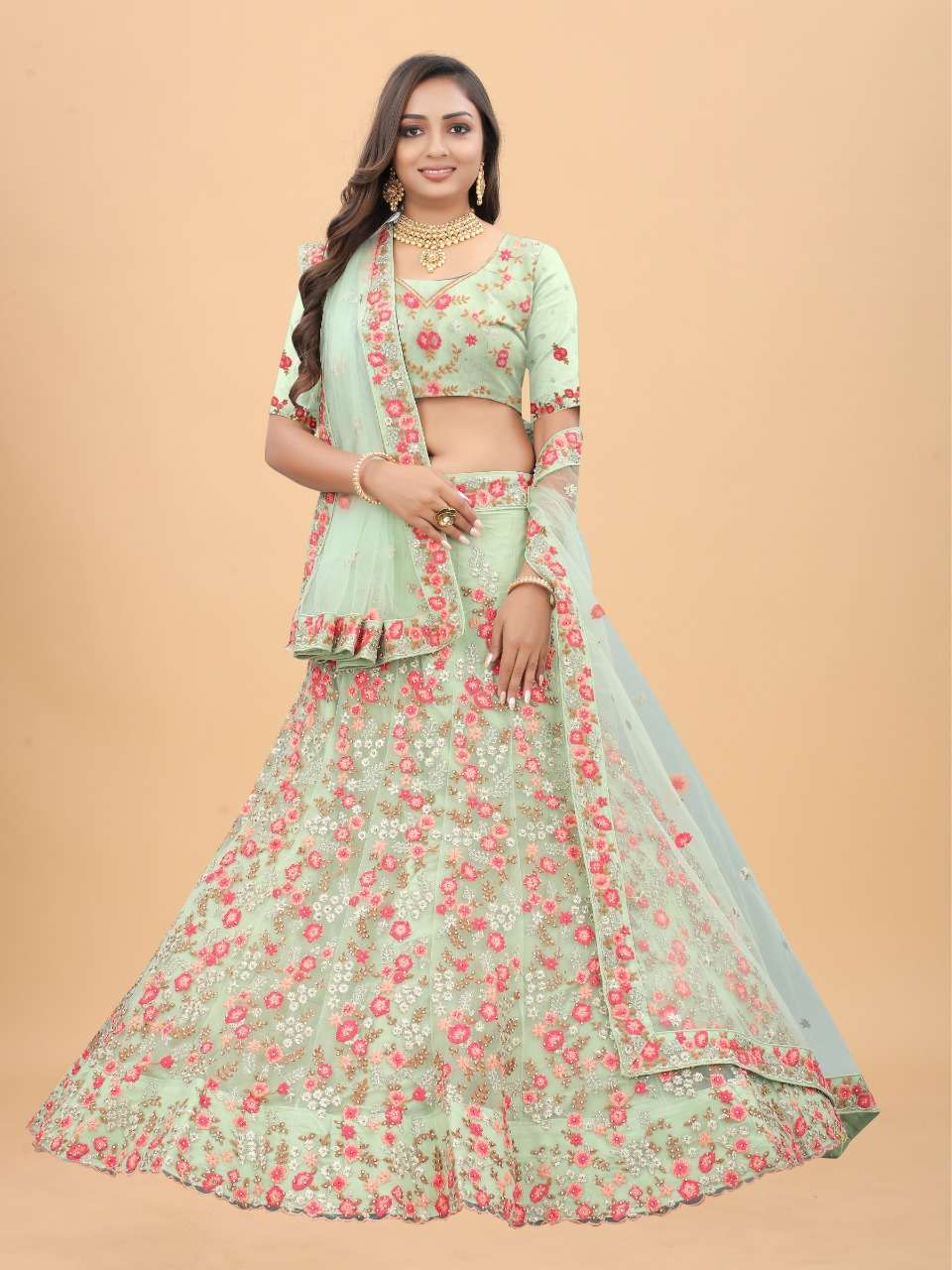 Exclusive fabric Heavy Net, pista colour designer lehenga
