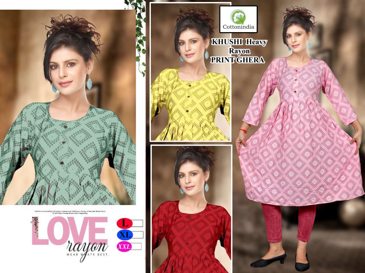 Khusi Heavy Rayon Print Ghera Style Kurti 