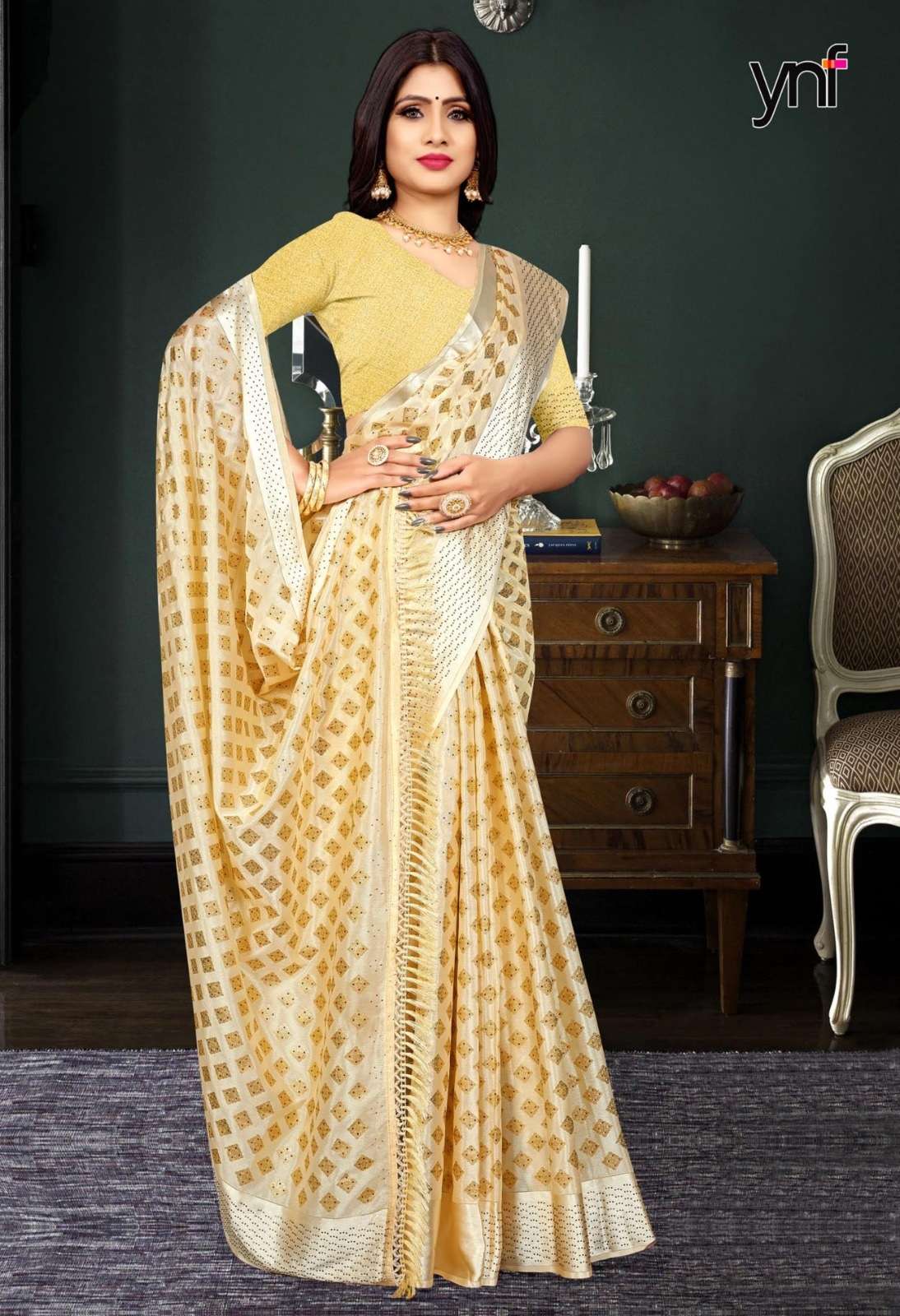 Ynf Checks Swarovski Crepe Satin Designer Saree Wholesale catalog