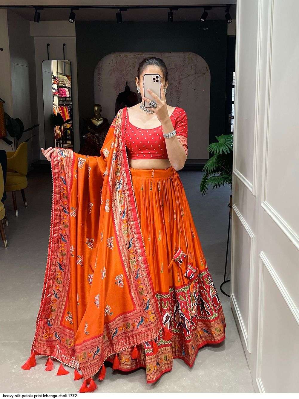 HEAVY SILK PATOLA PRINT ORANGE LEHENGA CHOLI 1372 D