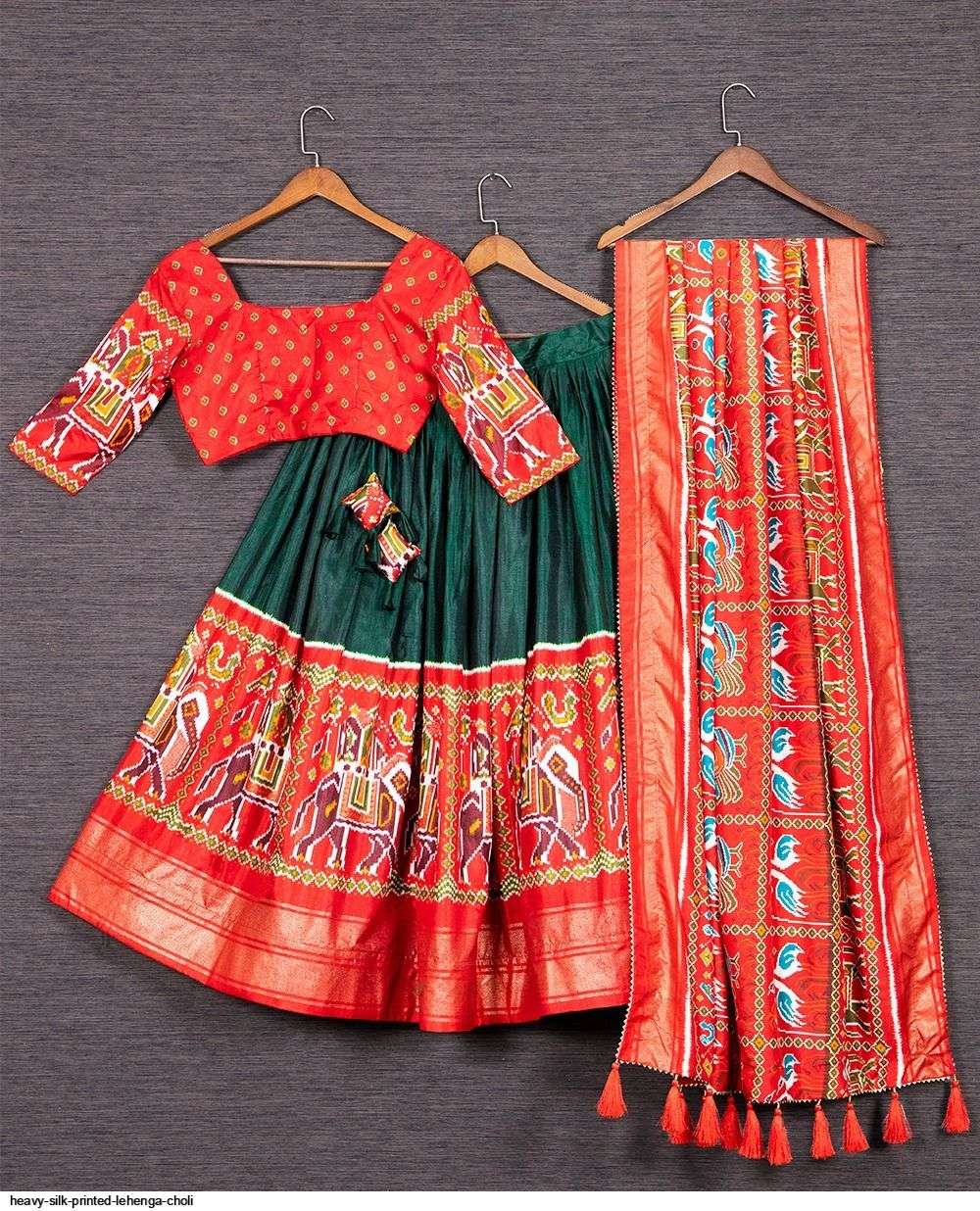 HEAVY SILK PRINTED Orange And Green LEHENGA CHOLI A Wholesale catalog