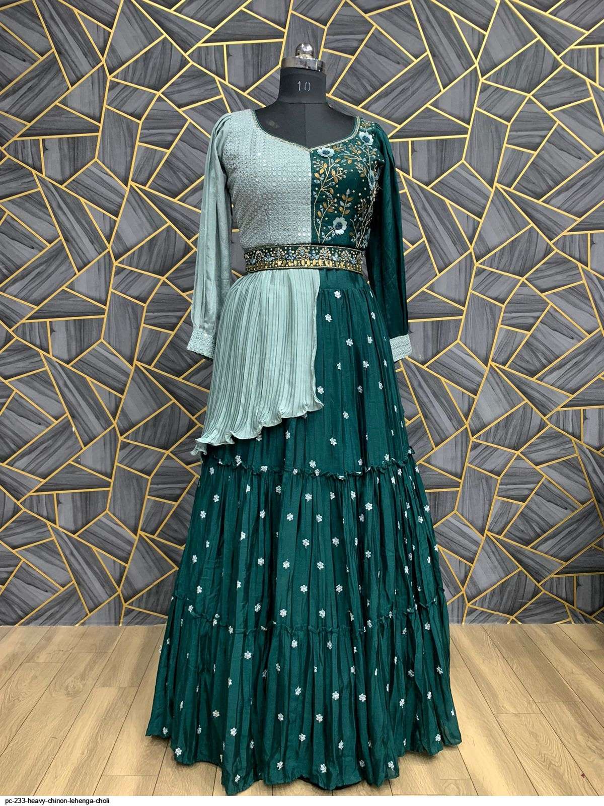 PC 233 HEAVY CHINON GREEN & SKY BLUE LEHENGA CHOLI C