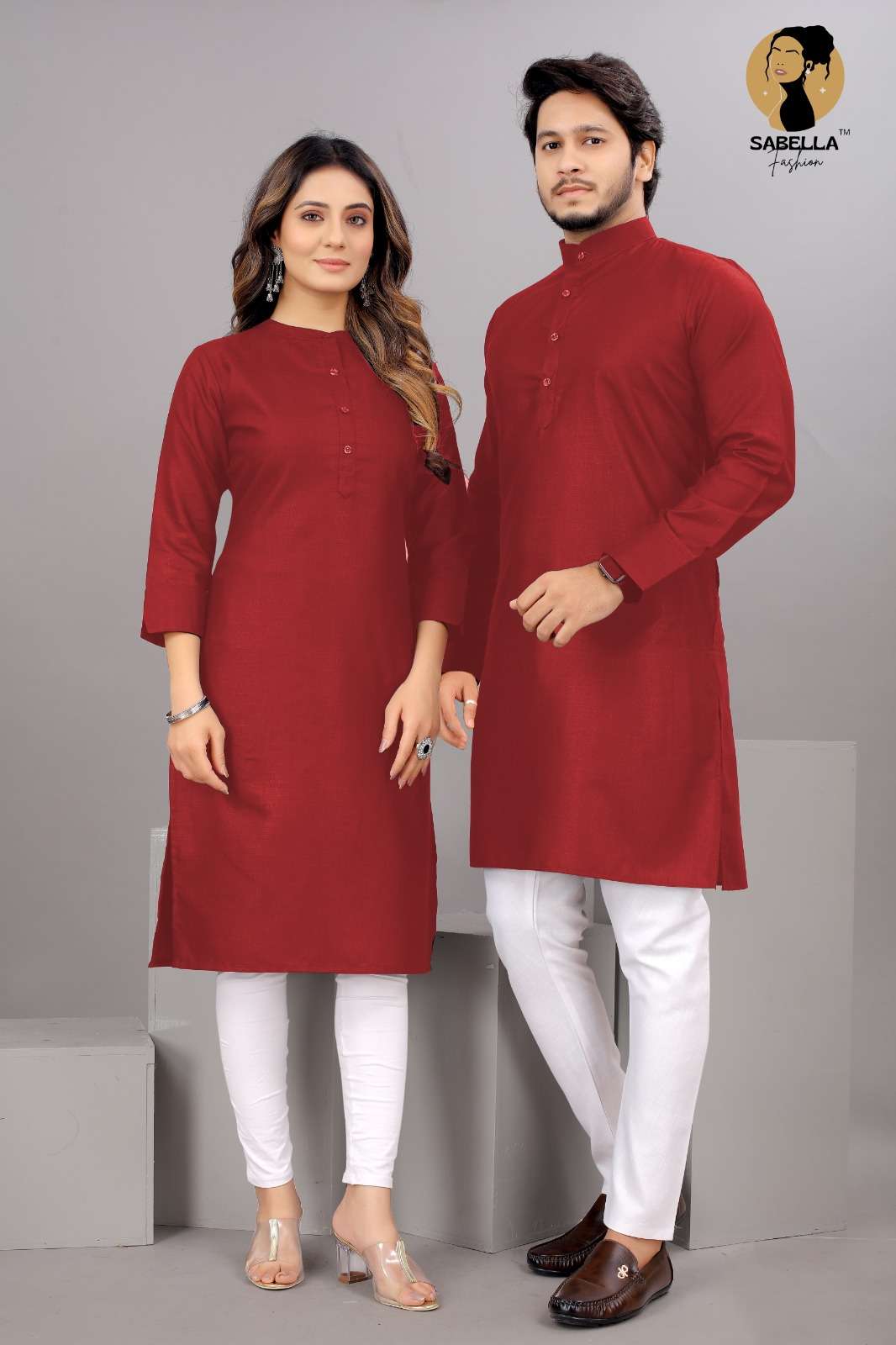 Cotton Couple Kurta set Maroon color Kurta