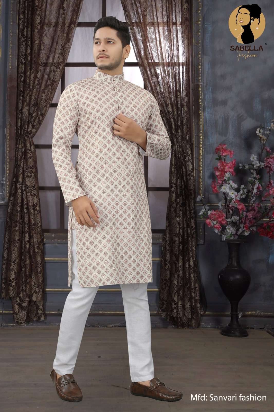Sabella Orange Print D-112 Croset Sqns Mens Kurta