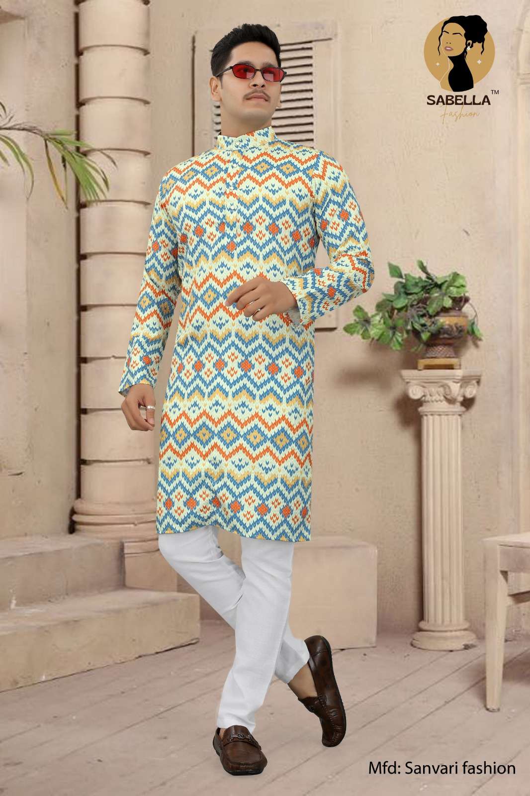 Sabella Orange Print D-107 Croset Sqns Mens Kurta