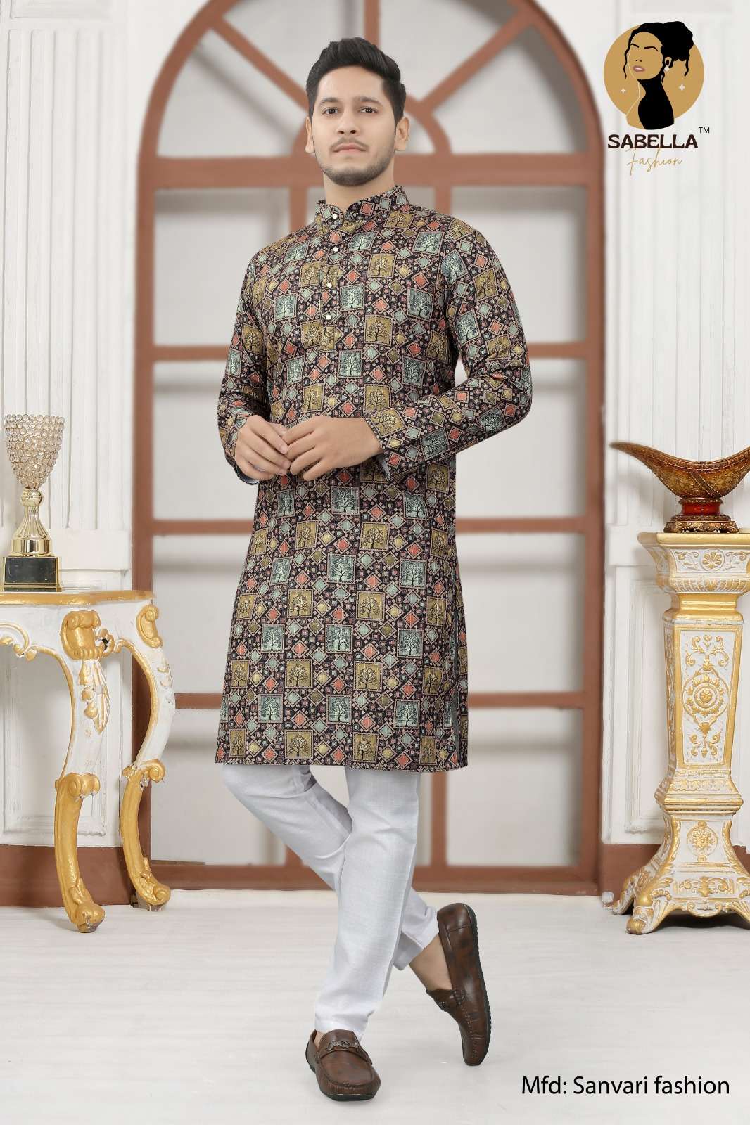 Sabella Orange Print D-113 Croset Sqns Mens Kurta 