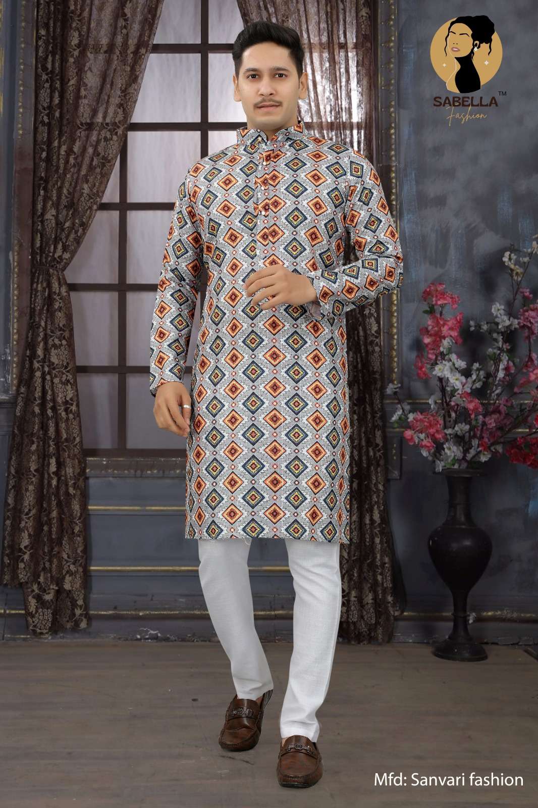 Sabella Orange Print D-115 Croset Sqns Mens Kurta