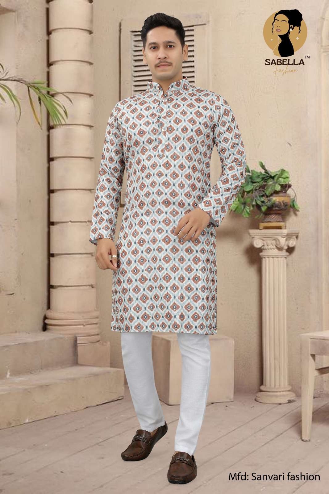 Sabella Orange Print D-116 Croset Sqns Mens Kurta