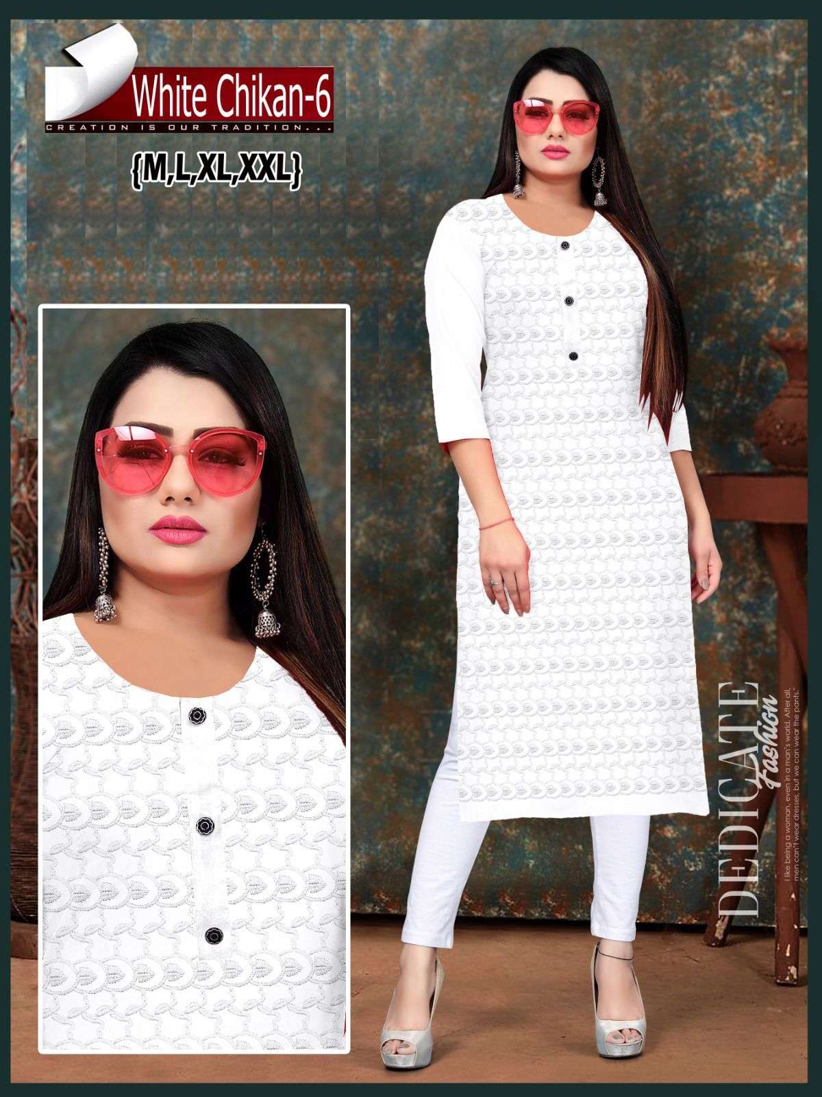  WHITE CHIKAN - 6 Kurti Wholesale catalog