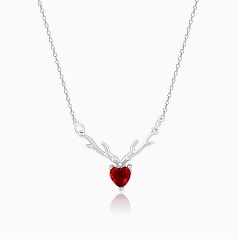 Nitya 925 Silver Deer Heart in Red Necklace
