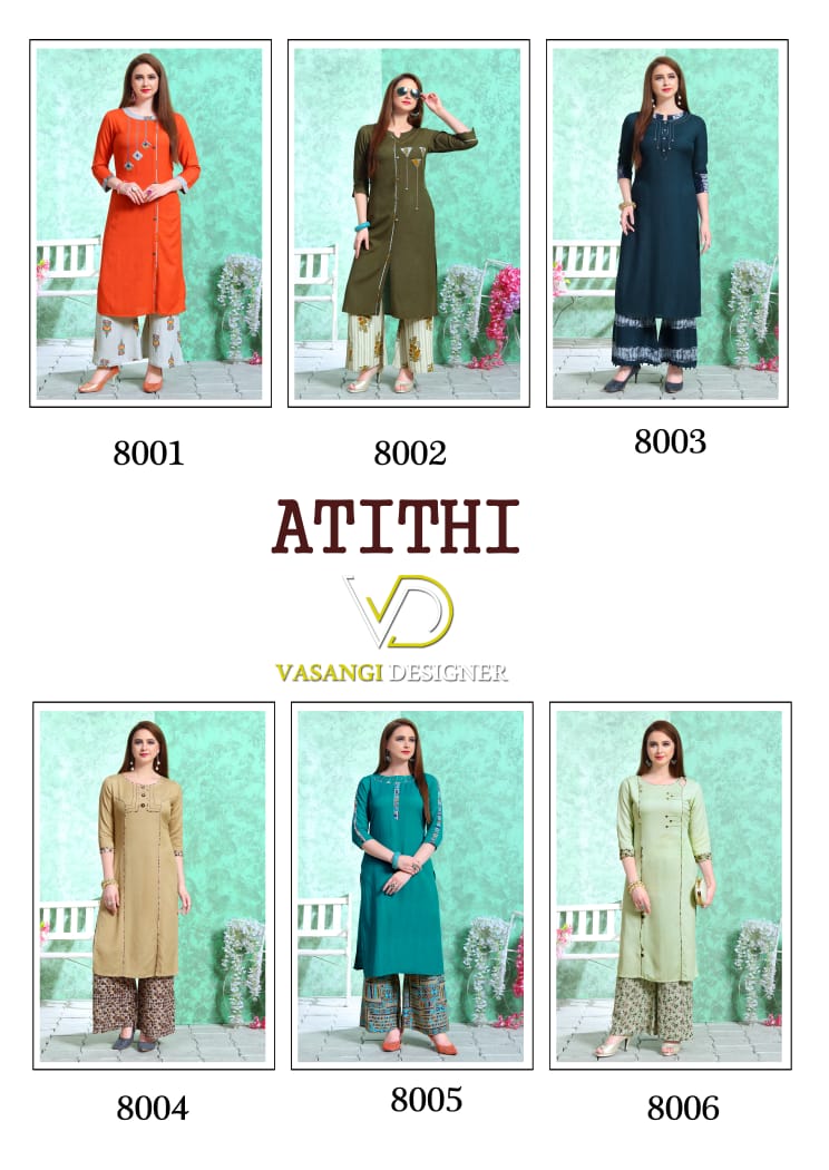Atithi By Vasangi Designer Rayon Kurtis With Plazzo Collection