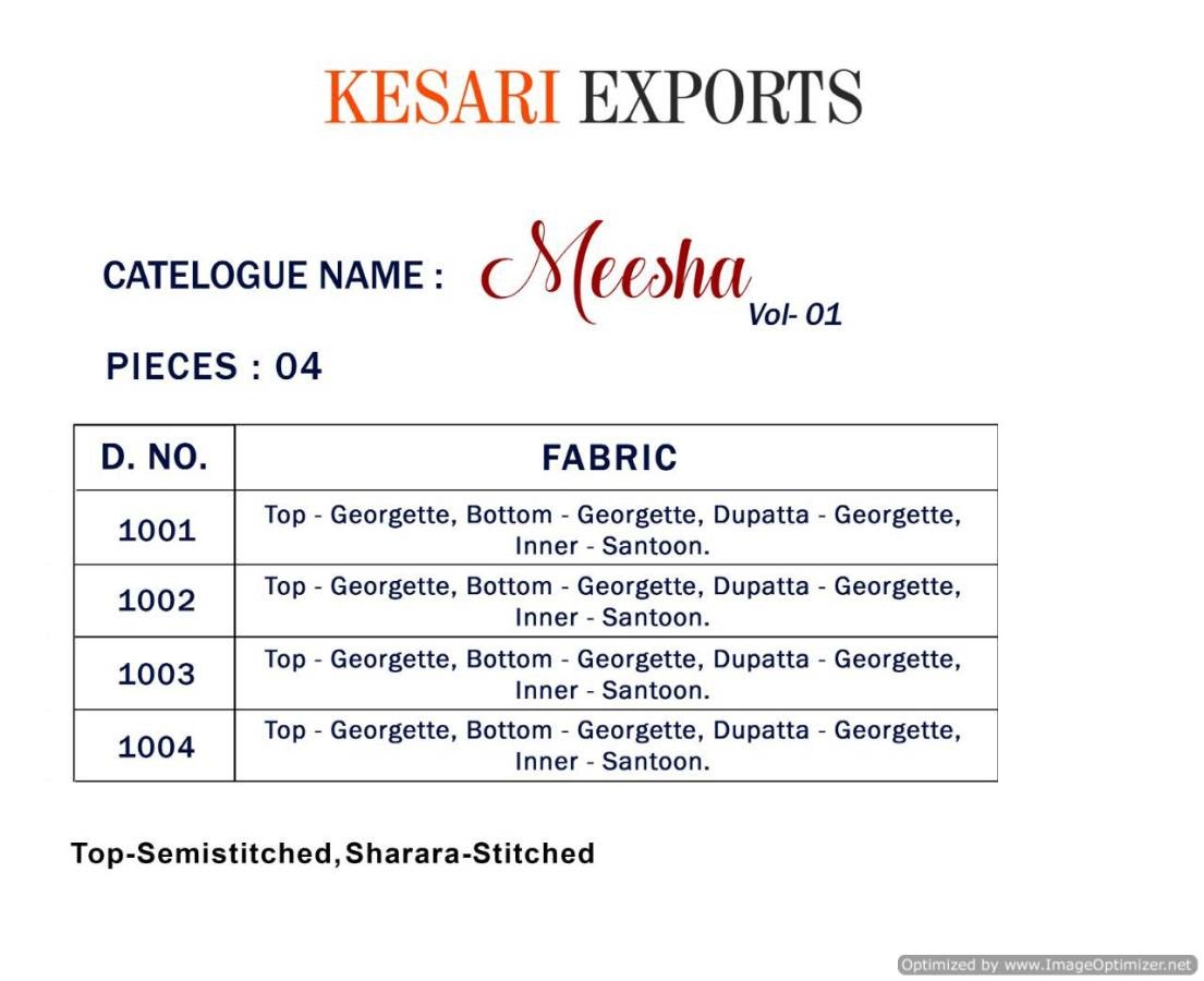 Meesha Vol 1 By Kesari Georgette Sharara Suits Collection
