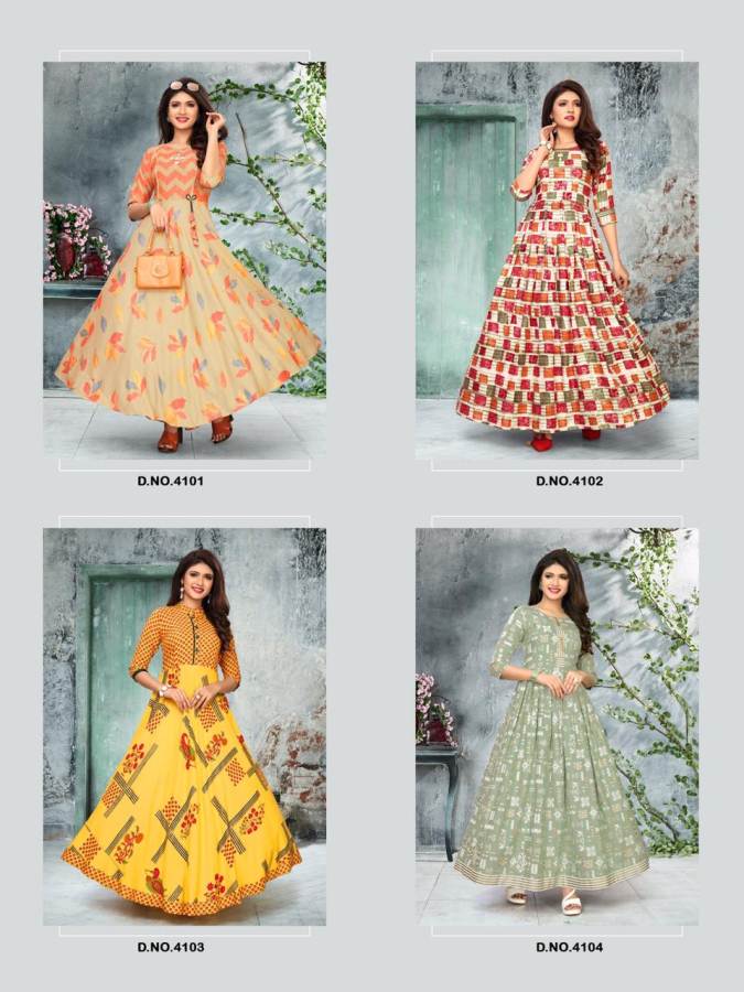 Shiny By Rt Capsule Foil Printed Long Round Kurtis Collection