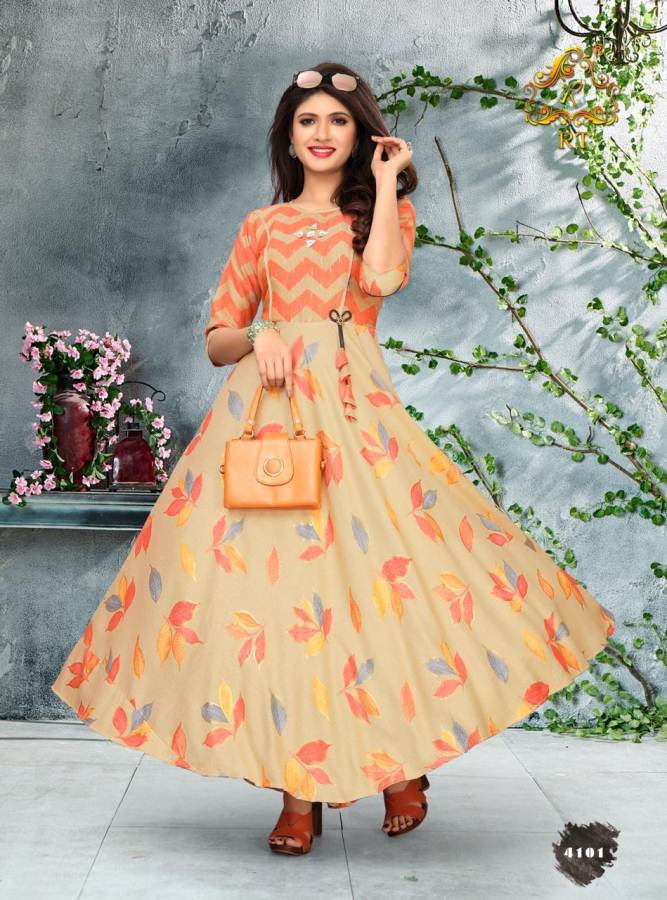 Shiny By Rt Capsule Foil Printed Long Round Kurtis Collection