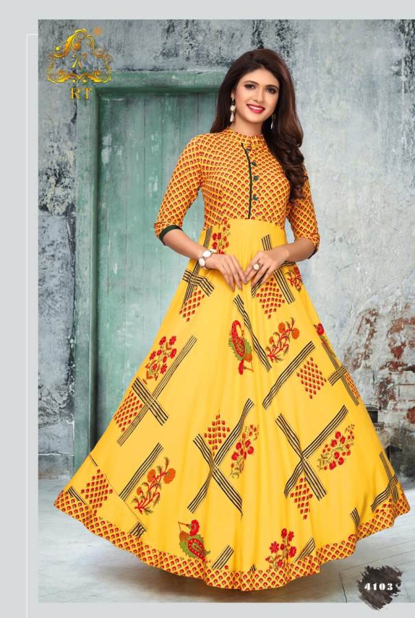 Shiny By Rt Capsule Foil Printed Long Round Kurtis Collection