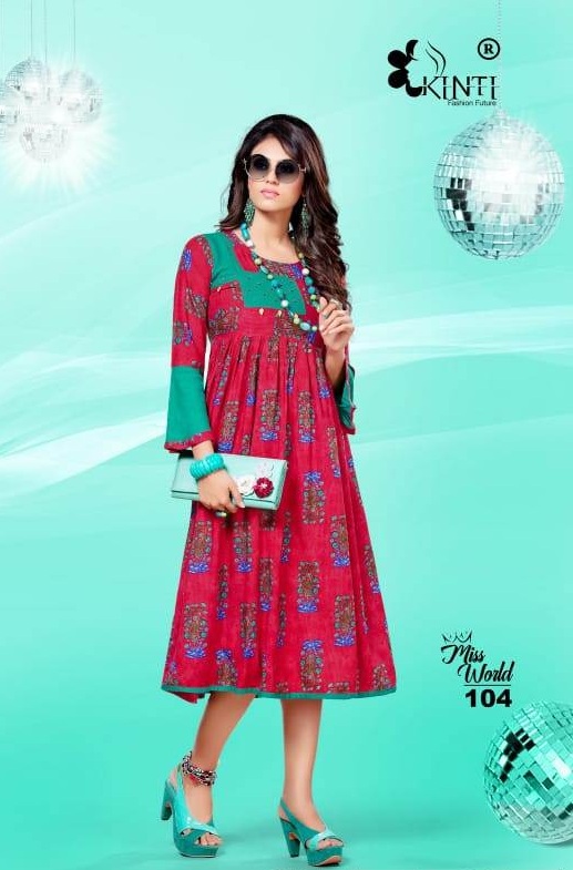 Miss World Present Kinti  Rayon Printed Round Kurtis Catalogue