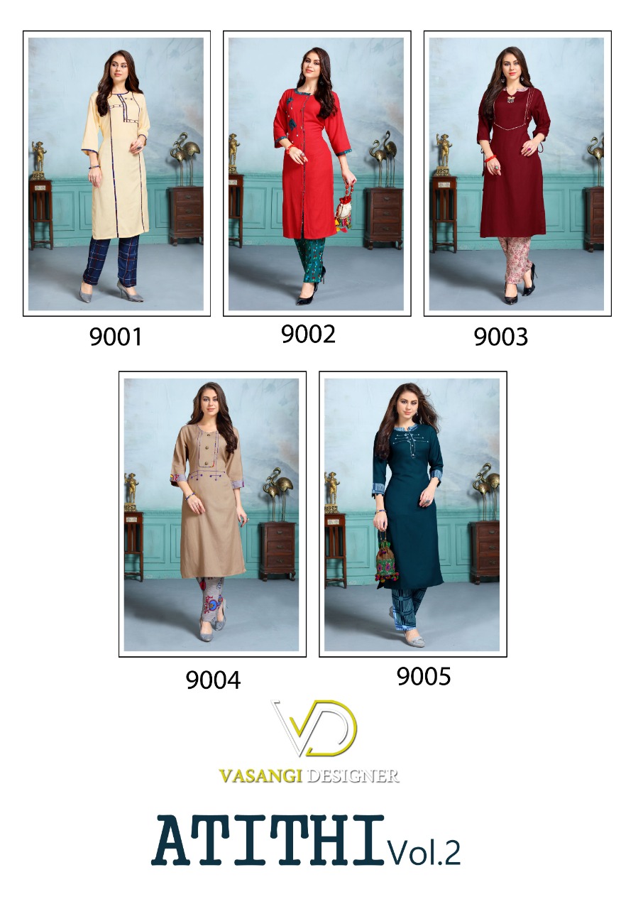 Atithi Vol 2 Present Vasangi Designer Casual Wear Kurtis With Pent Catalogue.