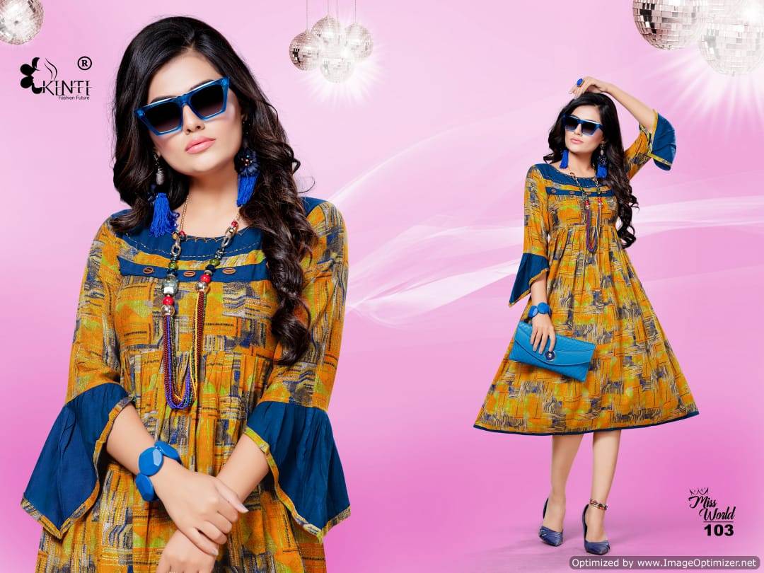 Miss World Present Kinti  Rayon Printed Round Kurtis Catalogue
