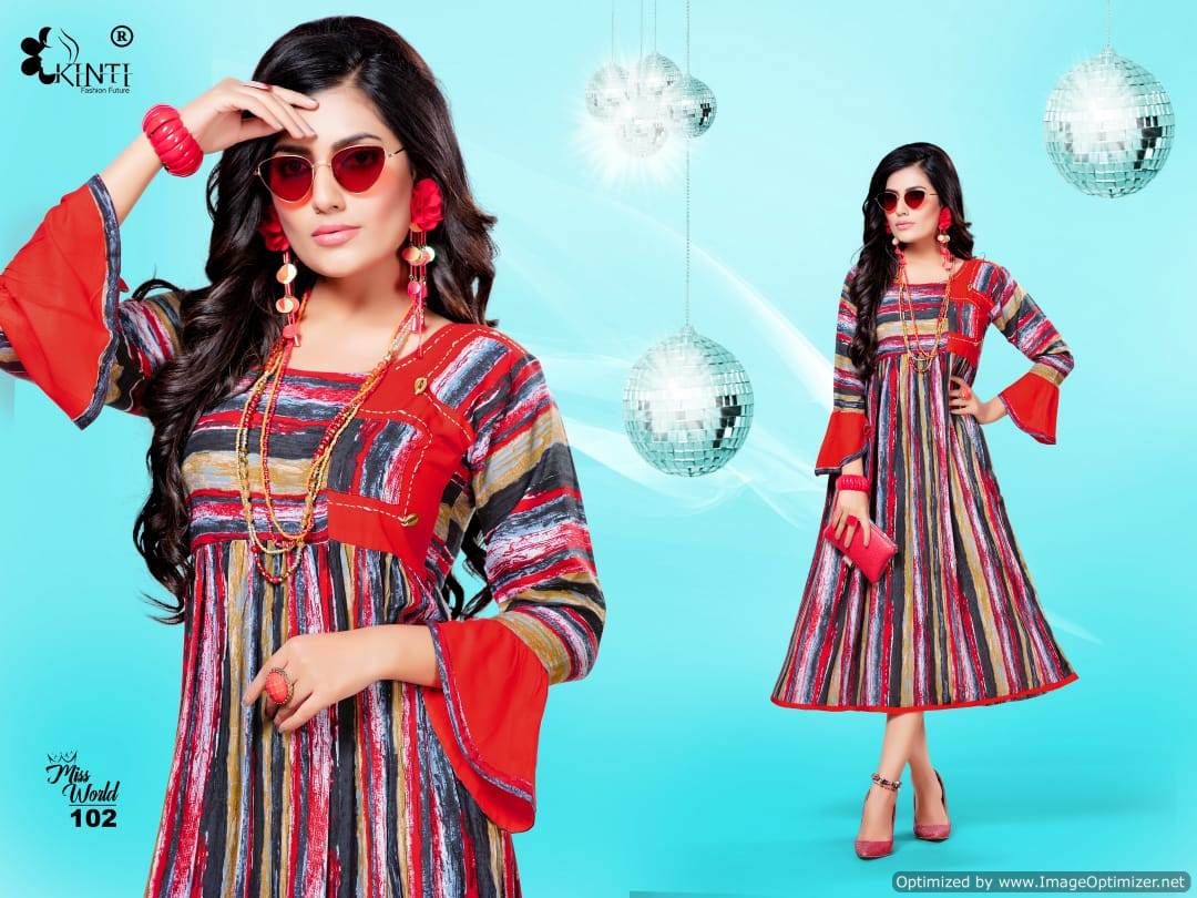 Miss World Present Kinti  Rayon Printed Round Kurtis Catalogue