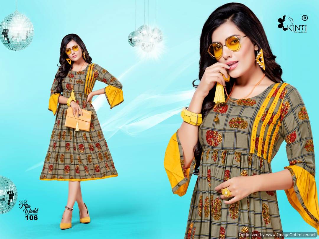 Miss World Present Kinti  Rayon Printed Round Kurtis Catalogue