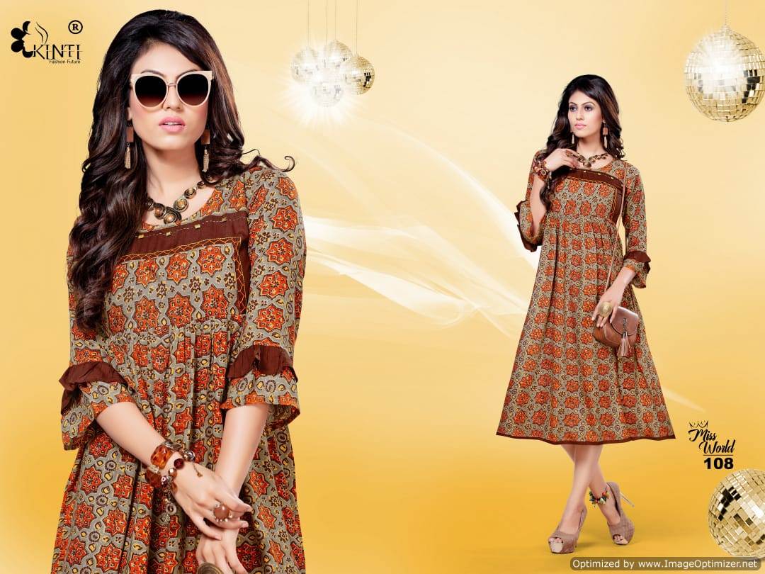 Miss World Present Kinti  Rayon Printed Round Kurtis Catalogue