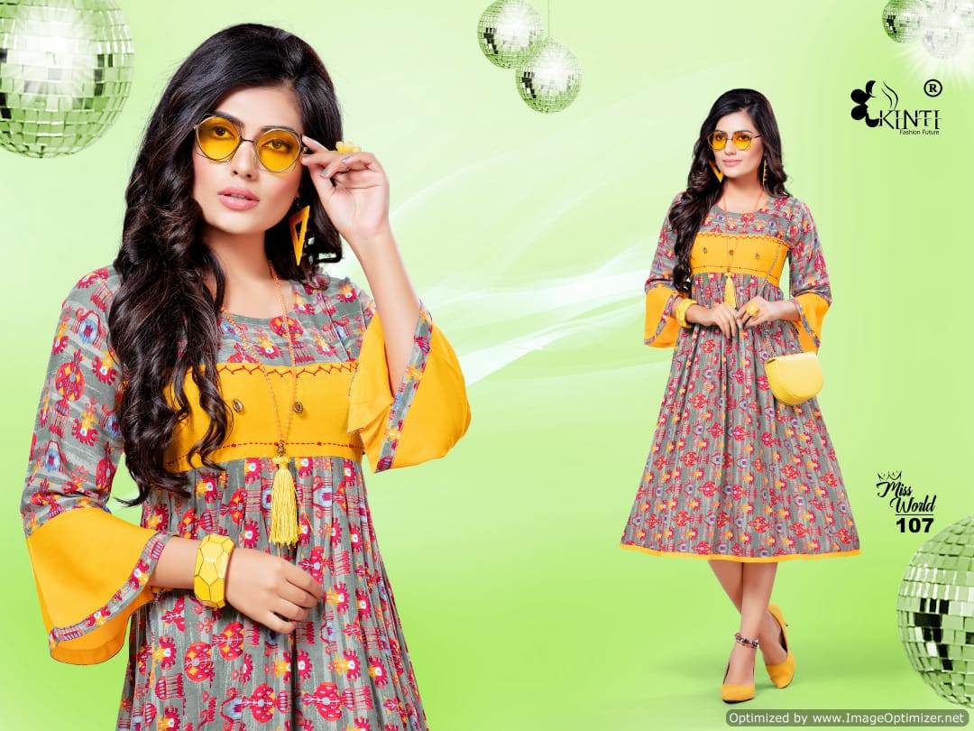 Miss World Present Kinti  Rayon Printed Round Kurtis Catalogue
