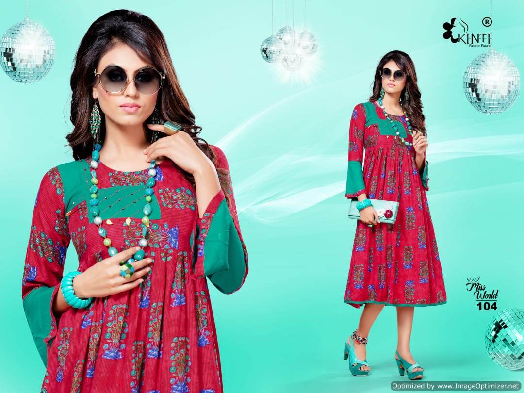 Miss World Present Kinti  Rayon Printed Round Kurtis Catalogue