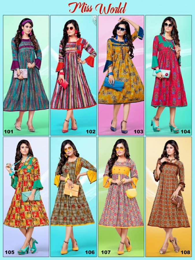 Miss World Present Kinti  Rayon Printed Round Kurtis Catalogue