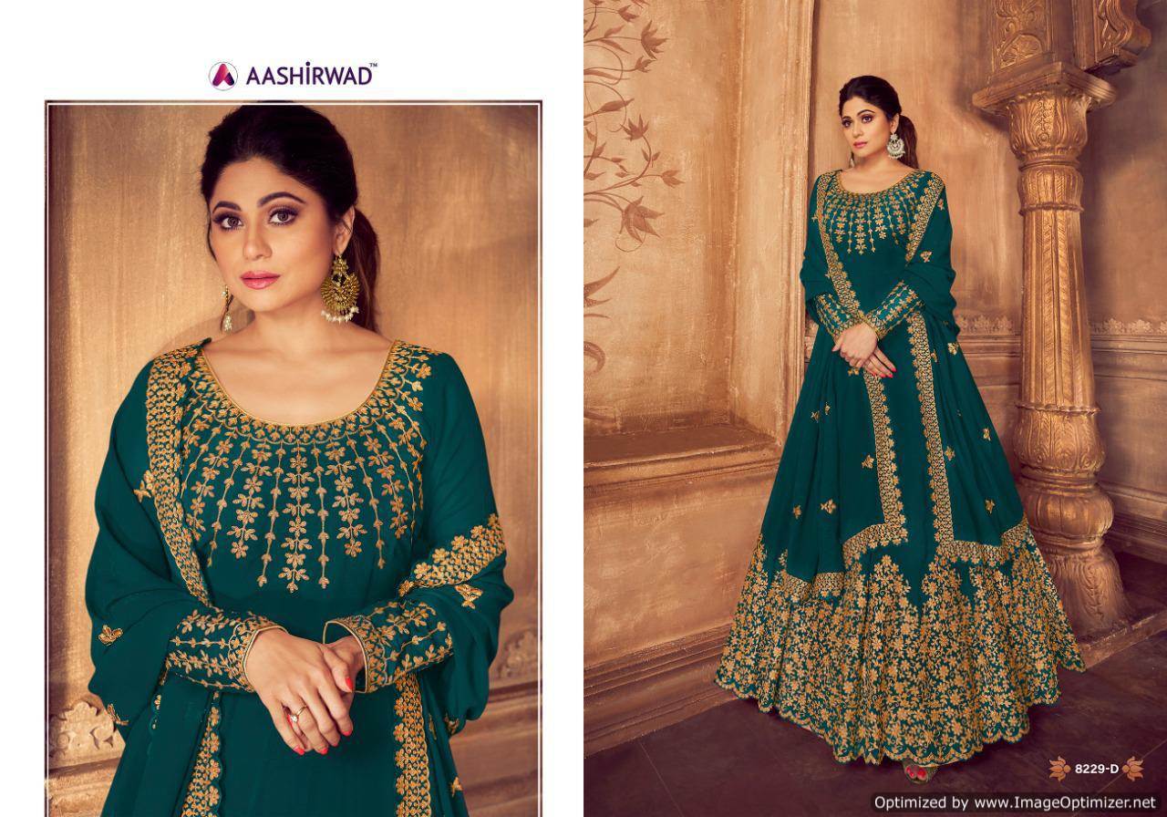 Aashirwad By Anarkali Gold Real Georgette Embroidered Salwar Suits