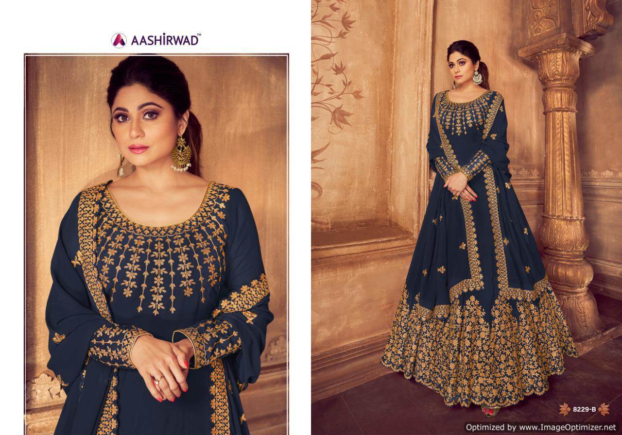 Aashirwad By Anarkali Gold Real Georgette Embroidered Salwar Suits