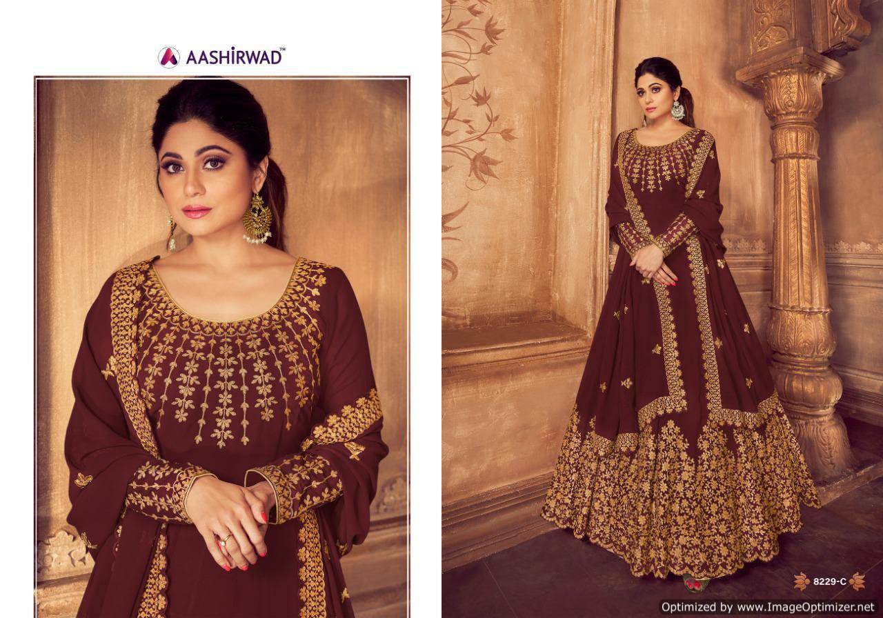 Aashirwad By Anarkali Gold Real Georgette Embroidered Salwar Suits