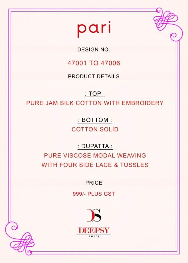 Deepsy By Pari Pure Jam Silk Cotton Designer Dress Material Collection.