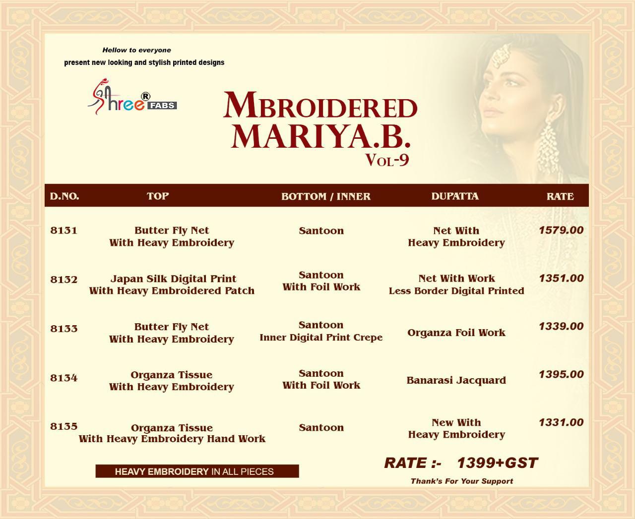 Shree Present Mbroidered Mariya B Vol 9 Catalogue