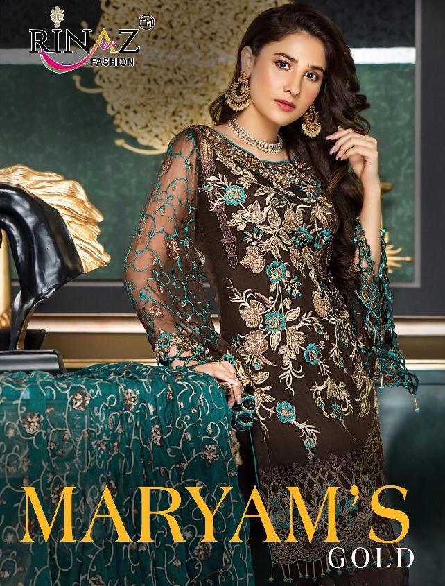 Rinaz Present Maryams Gold Pakistani Suit Collection.