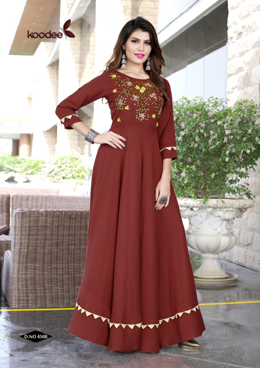 Koodee Present Kashida Long Gown Types Kurtis Catalogue.