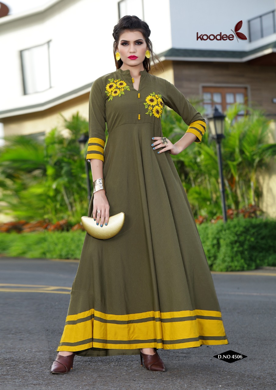 Koodee Present Kashida Long Gown Types Kurtis Catalogue.
