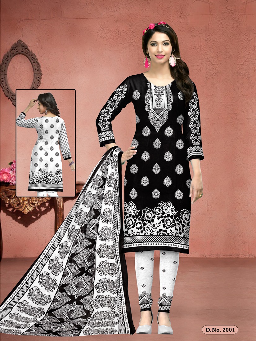 Fc Meenakshi Black Queen Collection Of Black & White Cotton Printed Dress Materials