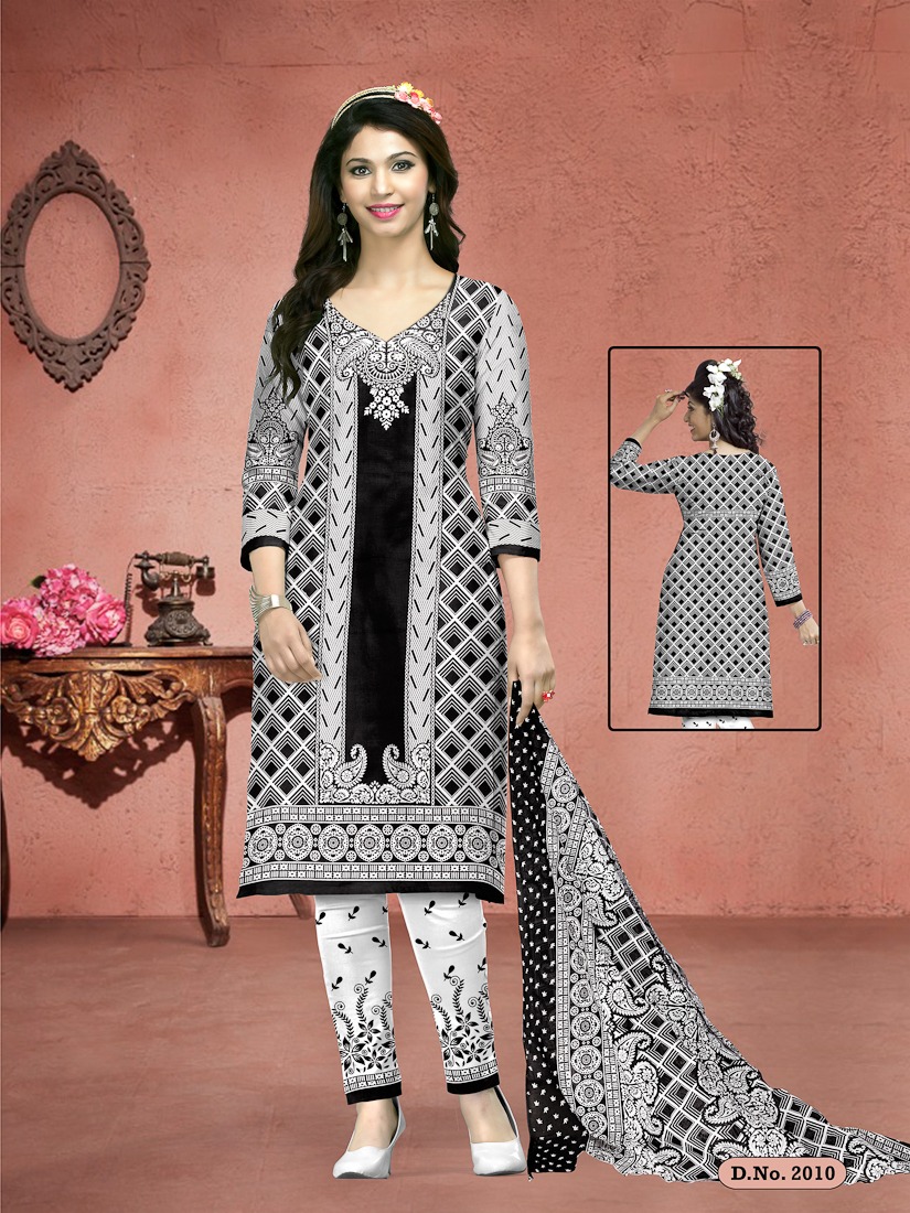 Fc Meenakshi Black Queen Collection Of Black & White Cotton Printed Dress Materials