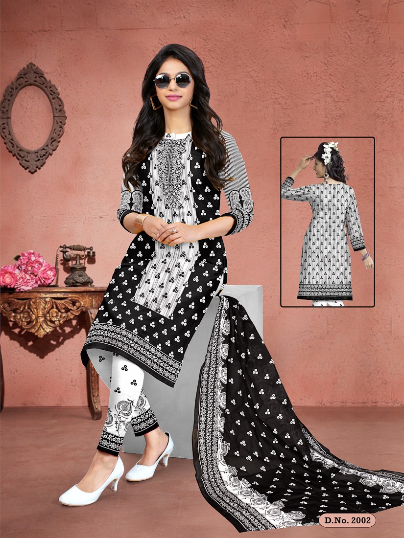 Fc Meenakshi Black Queen Collection Of Black & White Cotton Printed Dress Materials