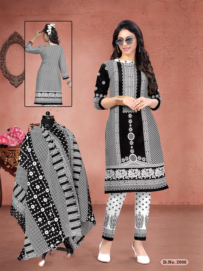 Fc Meenakshi Black Queen Collection Of Black & White Cotton Printed Dress Materials