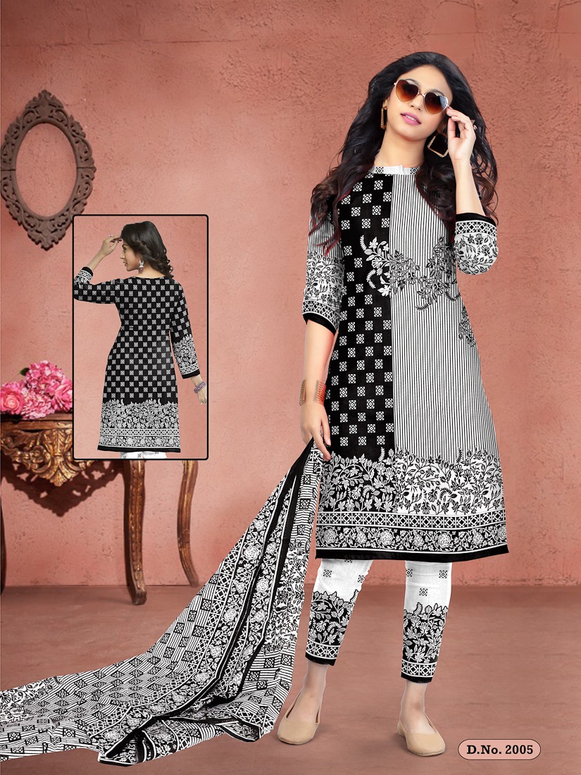 Fc Meenakshi Black Queen Collection Of Black & White Cotton Printed Dress Materials