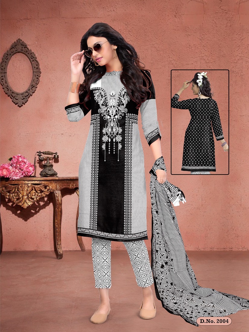 Fc Meenakshi Black Queen Collection Of Black & White Cotton Printed Dress Materials