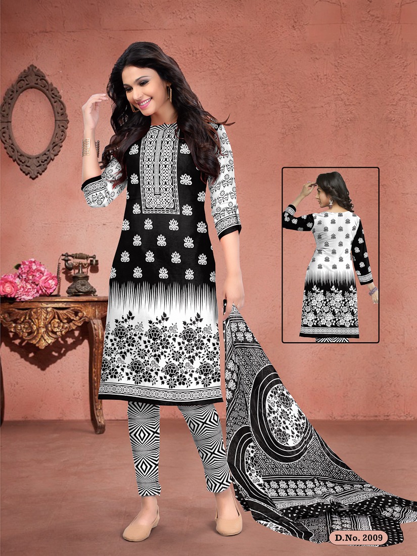 Fc Meenakshi Black Queen Collection Of Black & White Cotton Printed Dress Materials