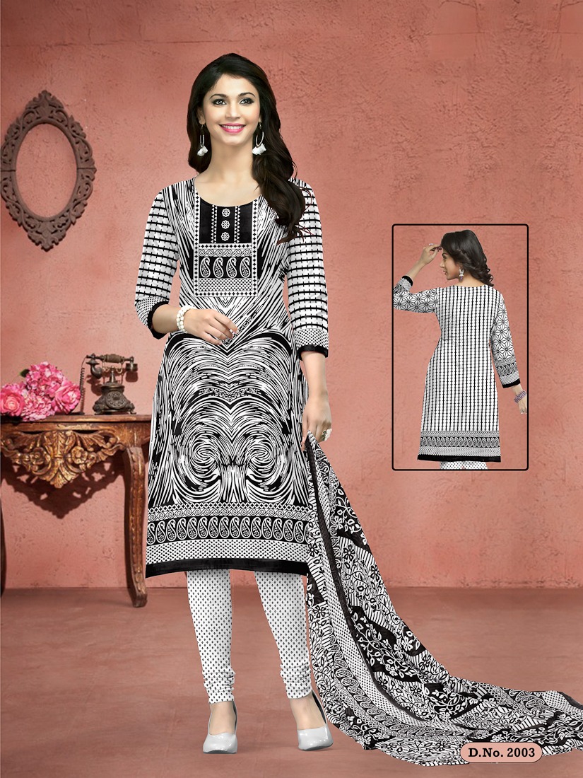 Fc Meenakshi Black Queen Collection Of Black & White Cotton Printed Dress Materials