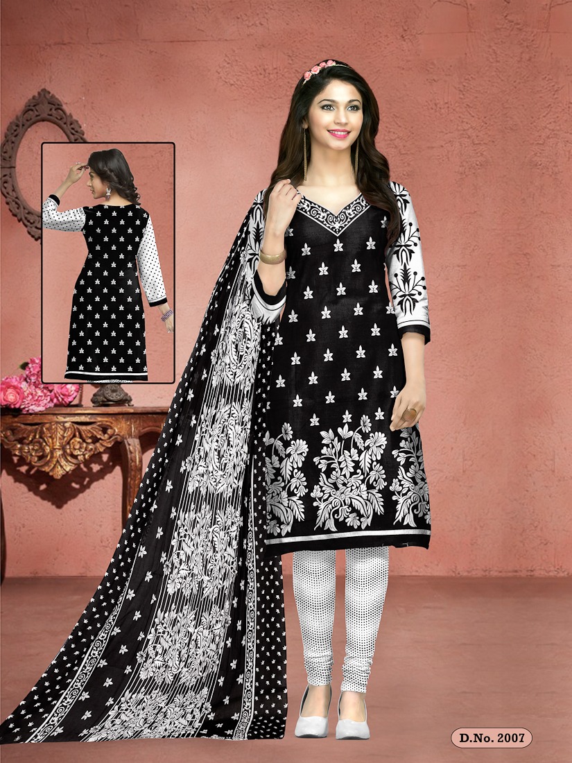 Fc Meenakshi Black Queen Collection Of Black & White Cotton Printed Dress Materials