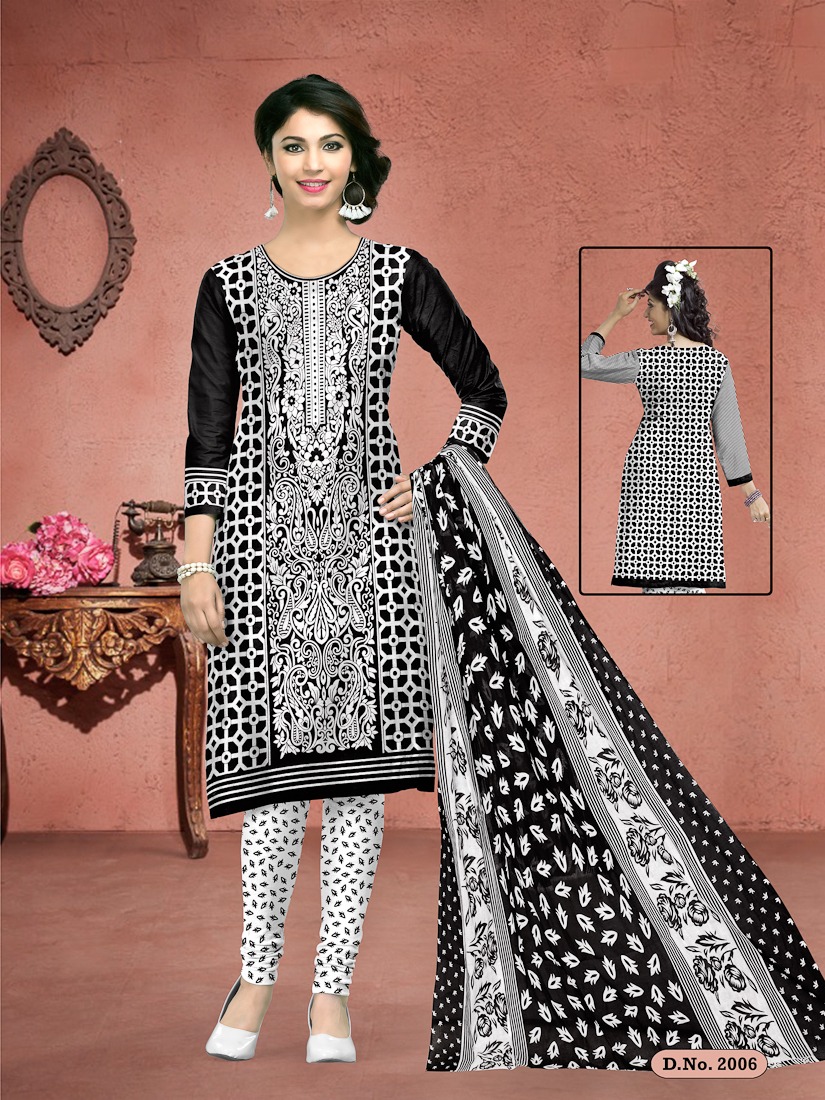 Fc Meenakshi Black Queen Collection Of Black & White Cotton Printed Dress Materials