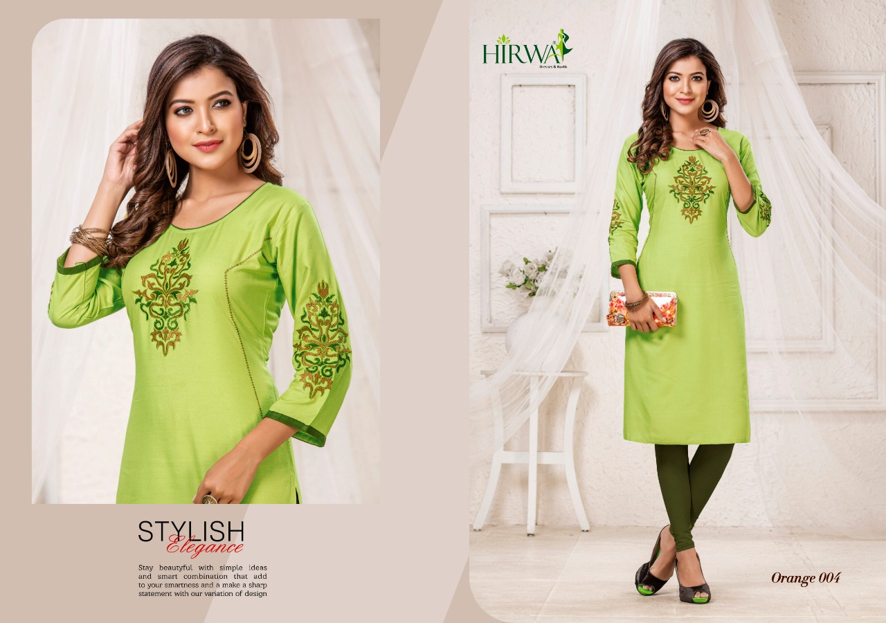 Hirwa Presents Orange 2 Collection Of Rayon Embroidered Casual Kurtis