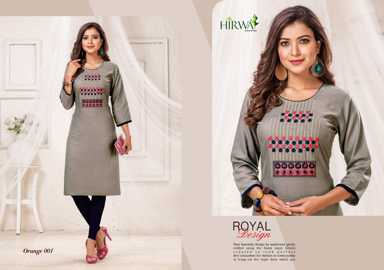 Hirwa Presents Orange 2 Collection Of Rayon Embroidered Casual Kurtis