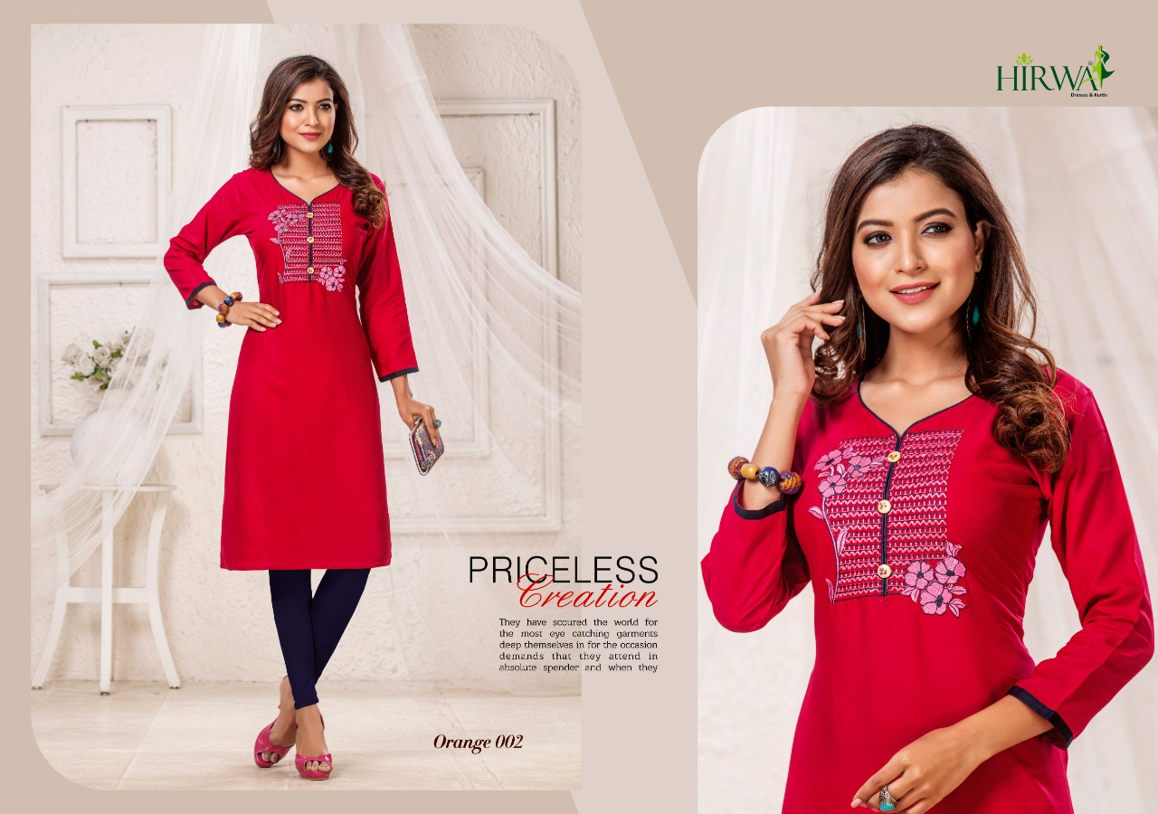 Hirwa Presents Orange 2 Collection Of Rayon Embroidered Casual Kurtis